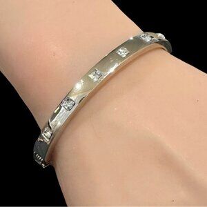 Silver-Tone Hinged Bangle Bracelet With Square Crystal Accents